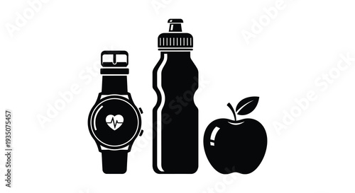A collection of everyday objects including a watch water bottle and apple presented as a dark silhouette high quality professional detailed