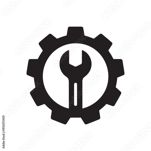 Service icon of a gear and wrench for repair, maintenance, and technical support vector.