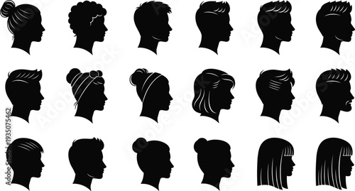 Male and female head silhouette profiles set diverse hairstyles people avatar vector illustration collection design