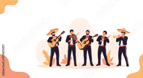 Traditional Mexican mariachi band of five men in black suits and sombreros performs music with guitars, violin, and a trumpet.