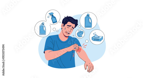 Distressed man scratches an itchy red rash on his arm while thinking about various cleaning products that may have caused the allergic reaction.