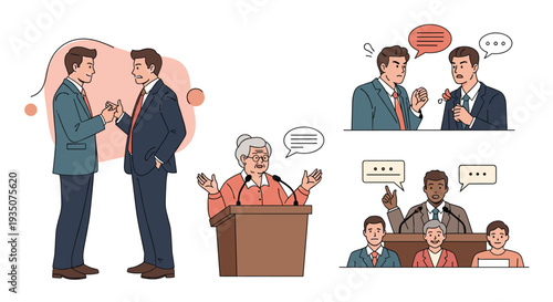 Collection of illustrations showing people in different speaking roles such as debating, arguing, lecturing at a podium, and being interviewed.