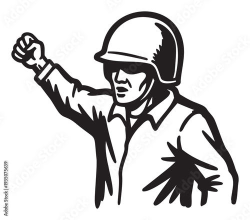 Bold graphic representation of a soldierlike figure wearing a helmet and raising a defiant fist symbolizing power revolution and resistance suitable for protest banners and propaganda