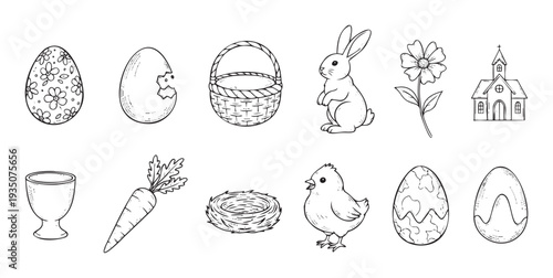 Festive springtime Easter celebration symbols set featuring decorated eggs a baby chick cute bunny church flower basket and bird nest for seasonal designs and educational materials
