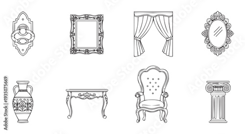 A diverse range of classical interior decor elements, including ornate frames, sophisticated furniture, architectural details, and decorative accents, perfect for traditional and vintage