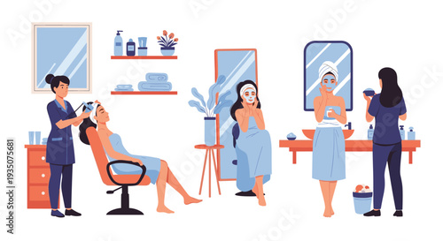 Several women enjoy various beauty treatments including facials and hair care in a modern, well-equipped professional spa and salon.