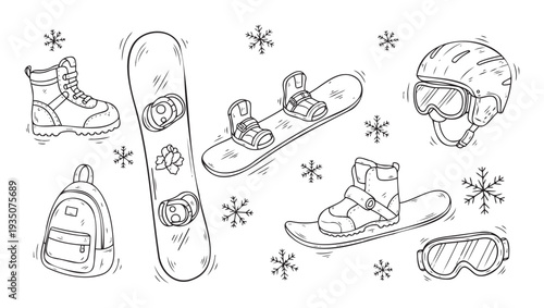 Hand drawn collection of winter sports equipment including snowboards, boots, helmet, and goggles, perfect for season pass designs or mountain resort advertisements.