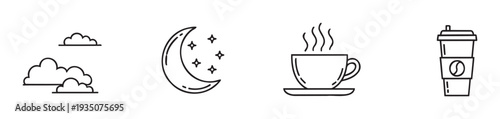 Simple black outline icons representing clouds, moon, stars, a steaming coffee cup, and a disposable takeaway cup, perfect for illustrating daily routines, weather, and beverages.