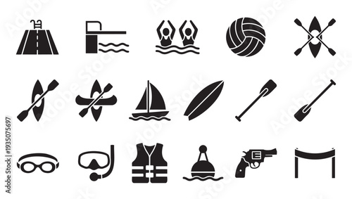 A collection of water sports and recreation icons including kayaks paddles swimming gear a sailboat a surfboard and a diving board perfect for graphic design and activity guides