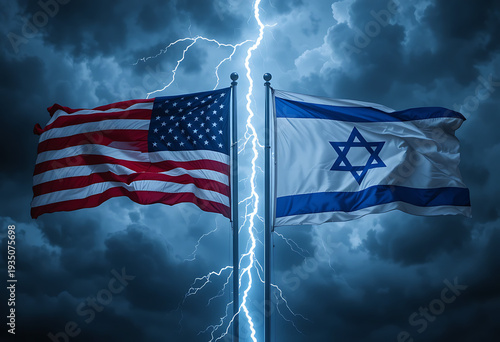 American and israeli flags with lightning between them