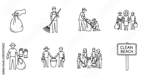 Outline icons illustrating various individuals and groups participating in environmental cleanup, waste collection, and community service, perfect for websites, presentations, and awareness