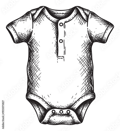 Hand drawn baby bodysuit garment for infant apparel designs, baby shower invitations, and new parent gift announcements