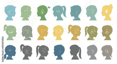 Children mental health and neurodiversity profiles with educational and psychology icons on white background