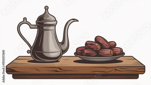 Traditional middle eastern coffee pot and dates on wooden table still life with silver teapot and bowl of fresh red dates