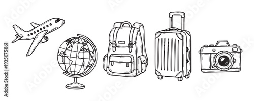 Essential travel gear and accessories for global exploration, perfect for travel agency promotions and vacation planning resources