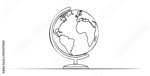 A continuous line drawing of a world globe on a stand displaying continents, perfect for educational resources, global business presentations, travel concepts, and environmental awareness