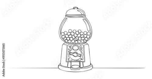Continuous line drawing of a classic gumball machine filled with many gumballs, perfect for marketing sweet treats or nostalgic childhood themes in candy shops and dessert stores.