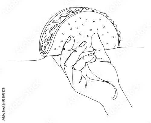 Minimalist outline drawing featuring a hand gently holding a savory hard shell taco filled with fresh ingredients, ideal for quick service restaurant menus, food blog visuals, and modern