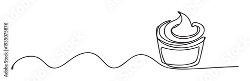 Simple continuous line drawing of a delicious frozen dessert or sweet cupcake in a cup, perfect for food industry branding, cafe menus, or bakery advertisements.