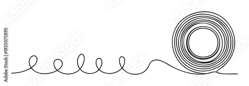 Abstract black continuous line unwinding from a circular roll into rhythmic loops and a flowing wave, ideal as a minimalist graphic element for illustrating concepts of process, connection,