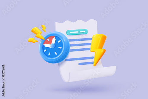 3D vector bill with clock alarm for payment transaction with money coin. Business invoice bill expenses idea concept. 3d vector render paper receipt for shopping in store isolate purple background