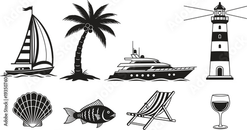 Seaside vacation icons featuring nautical and relaxation symbols