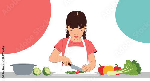 Young asian girl wearing white apron and pink shirt carefully cuts fresh green vegetables with a knife on a cutting board.