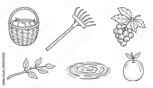 Collection of garden and harvest items including a fruit basket, agricultural tool, and various natural elements perfect for autumn, farm, or nature themed marketing and educational
