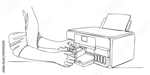 Continuous line art featuring human hands refilling an ink tank printer, perfect for technology articles, office equipment promotions, and printer maintenance tutorials.