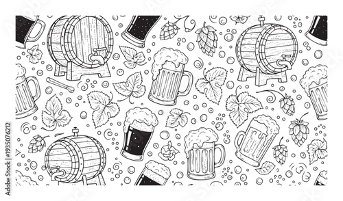 Black and white graphic display featuring traditional beer mugs, frothy glasses, rustic wooden barrels with taps, and fresh hops, excellent for brewing company promotions or festive pub