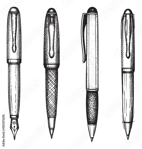 Set of classic writing instruments including fountain pen and various ballpoint pens rendered in a detailed vintage handdrawn style suitable for stationery branding or academic material.
