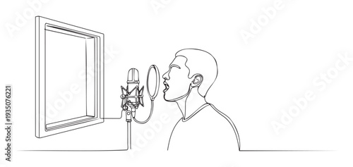 Male artist vocalizing into a professional studio microphone with a pop filter depicting a singer or voice actor recording audio for music podcasts or broadcast media applications