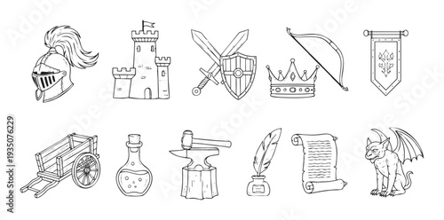 A collection of medieval and fantasy themed hand drawn outline icons perfect for game design, educational materials, or storytelling visuals for children and adults.