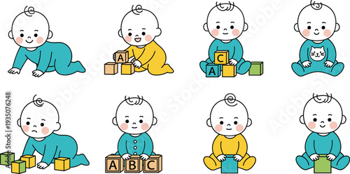 Cute Baby Characters Playing with Alphabet Blocks Set Illustration for Early Childhood Education, Toddler Activities, and Kids Learning Concept Design