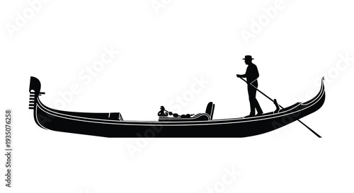 A gondola with a gondolier navigates calm waters presented as a striking black silhouette high quality professional detailed modern elegant stylish