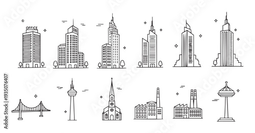 Modern linear pictogram assortment showcasing diverse city architecture such as tall office buildings industrial plants places of worship and landmark structures ideal for urban design