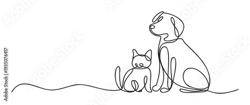 A minimalist continuous line drawing depicting a friendly cat and a loyal dog sitting together, perfect for pet care branding, animal welfare campaigns, or modern home decor