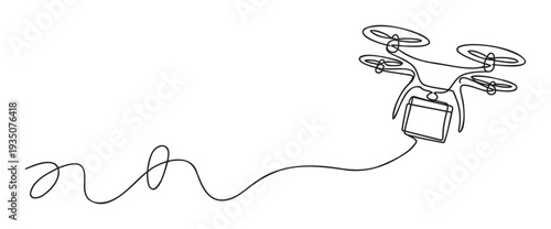 A stylish continuous line drawing depicting a modern quadcopter drone transporting a package, perfect for technology advertisements, logistics presentations, or ecommerce marketing media.