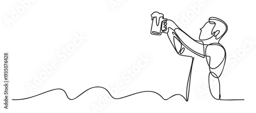 Continuous one line drawing of a man holding a foamy beer mug in celebration, suitable for brewing industry promotions or beverage advertisements