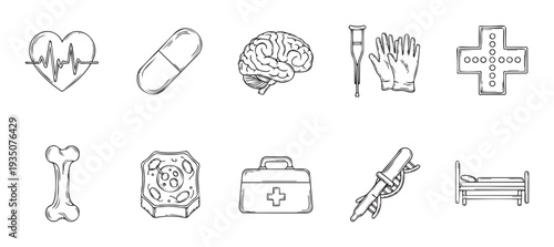Hand drawn outline medical and healthcare icons collection featuring heartbeat, brain, pill, bone, crutches, and first aid kit for health education and medical service promotion.