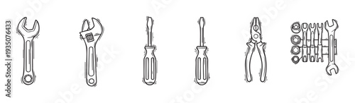 Essential utility tools set including a collection of wrenches, screwdrivers, and pliers ideal for various repair, construction, and handyman service projects and graphic applications.