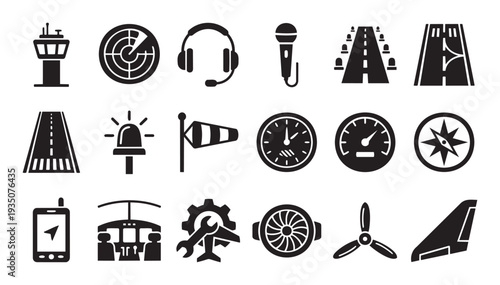Diverse set of aviation and airport navigation symbols like control tower radar and runway for flight themed mobile application interfaces or ground operation infographics