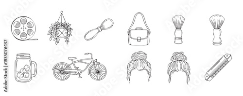 Outline collection of common objects and lifestyle elements film reel, hanging plant, brushes, bag, bicycle, hair buns, and harmonica perfect for commercial graphics.