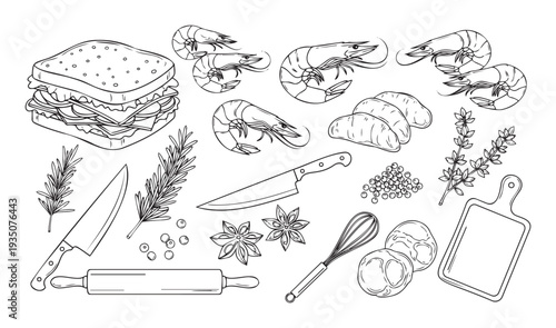 Detailed black and white line illustration showcasing a delicious sandwich, savory shrimp, sweet croissants, fragrant spices, fresh herbs, and various kitchen tools for culinary themed