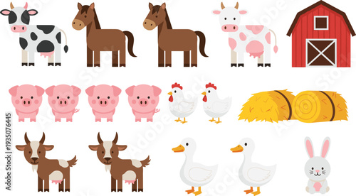 Farm Animals Cartoon Set with Cow, Horse, Pig, Chicken, Duck, Goat, Rabbit, Barn, and Hay Bale Illustration for Kids Education and Agriculture Design