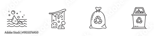 Collection of line icons depicting environmental issues such as water pollution and deforestation alongside solutions like recycling bags and trash cans for ecological and sustainability