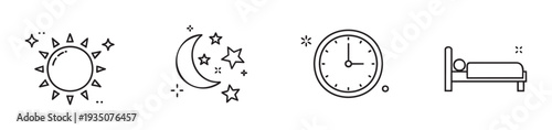 Minimalist line icons representing the full cycle of day and night activities, including the sun, moon, stars, a clock, and a sleeping figure in bed, useful for time management and wellness