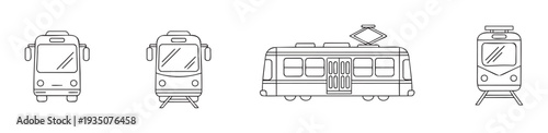 Modern public transport vehicle collection presenting simple black outline illustrations of urban buses, trams, and trains, perfect for educational materials, civic planning presentations,