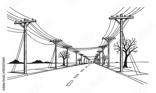 Dynamic wide angle view of an empty road flanked by utility poles and leafless trees, illustrating themes of solitude, progress, or infrastructure planning.