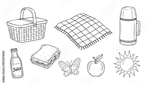 A delightful collection of essential items for a summer picnic and outdoor enjoyment, perfect for seasonal promotions or educational materials